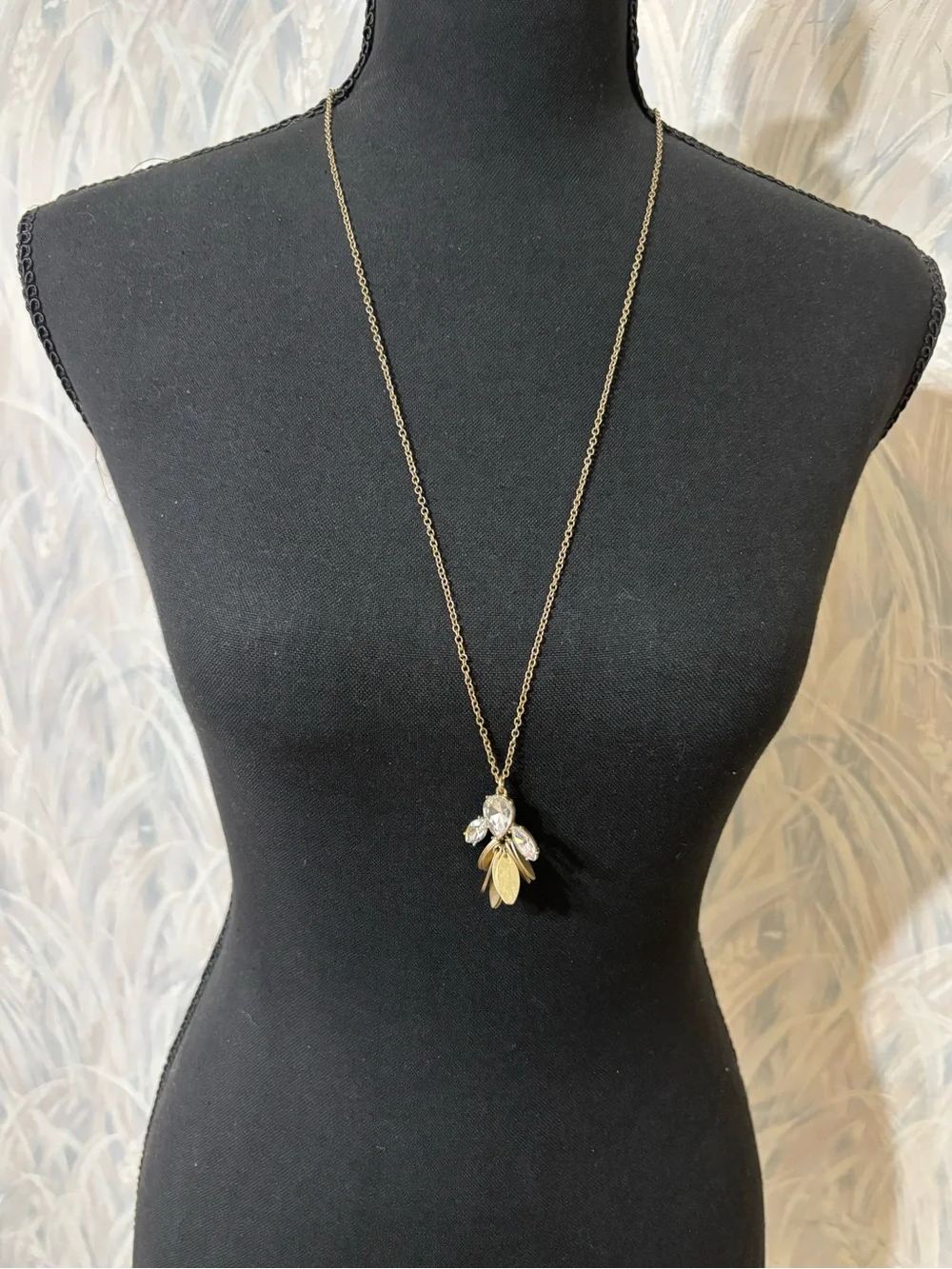 J.Crew Matte Gold Crystal Teardrop Pendant Necklace 30”+2”